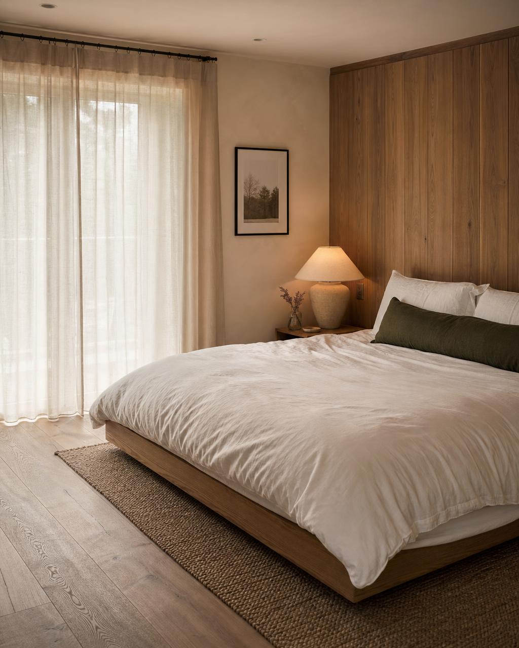 Rustige slaapkamer met platformbed en papieren lamp