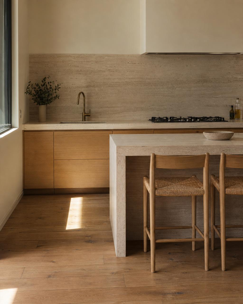 Moderne keuken met eiken kasten en natuursteen